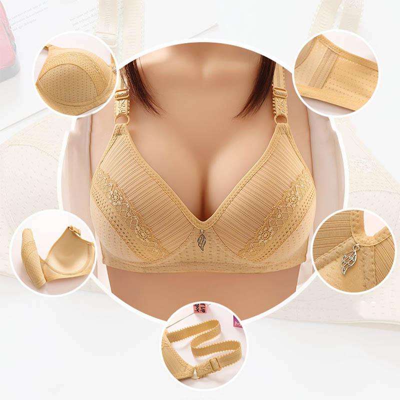 Female Comfortable Breathable Skin-Friendly Gathered Shaped Three-Row Buttons Glossy Lace Trim Decorated Simple and Generous Bra
