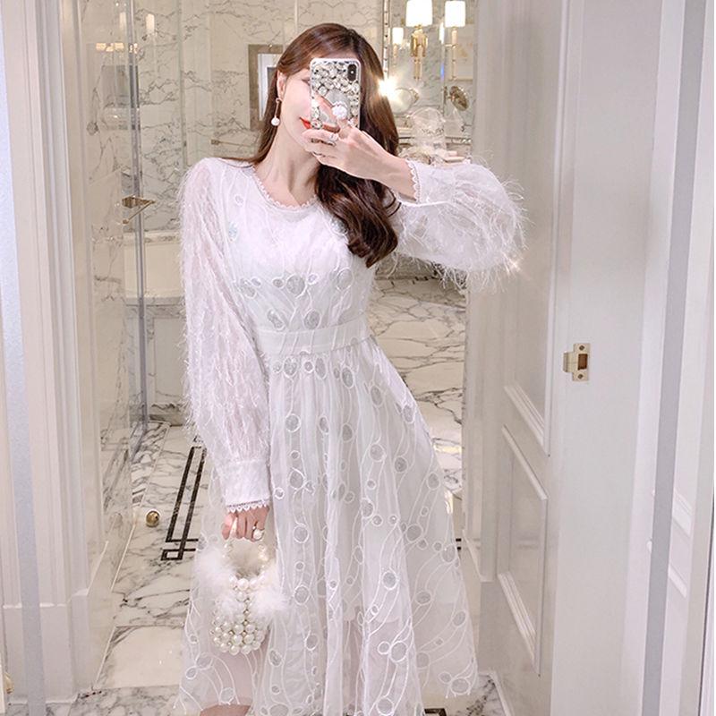 Slim fit dress female autumn and winter net yarn tassel sequins skirt plus size long skirt