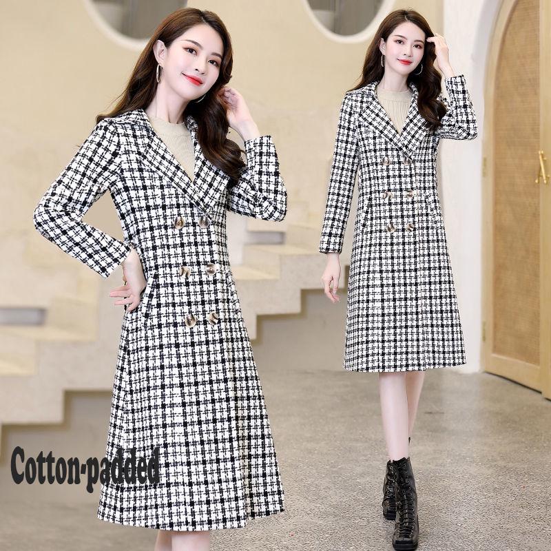 Winter Trench Jacket Women Casual Plaid Coat Warm Button Pocket Jackets Women Wool Overcoat