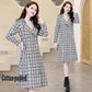 Women's Jackets & Coats Med-long Plaid Wool & Blends Coat Turn-down Collar Solid Cotton-padded Parka