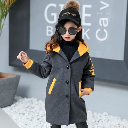Girls' Jackets Winter Parka Children's Woolen Windbreaker Mid-length Color-blocking Thickened Hooded Cotton Jacket