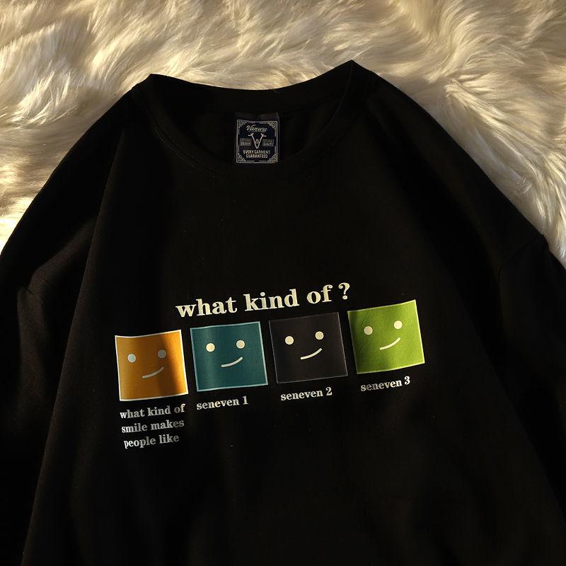 Retro Summer Simple Color Smiley Loose Round Neck Short-sleeved T-shirt for Men and Women Half-sleeved All-match Top