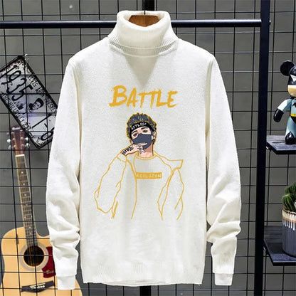 White Turtleneck Sweater Men's Slim Trendy Sweatshirts Men's Autumn and Winter Plus Velvet Thickening To Keep Warm
