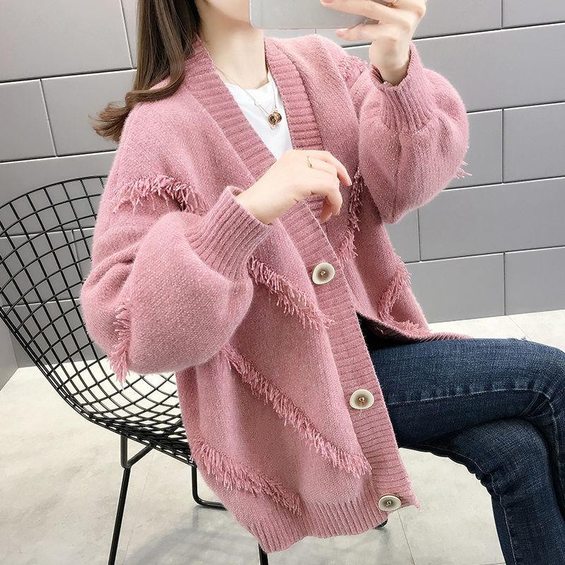 Mink Fleece Solid Color Sweater Coat Loose Knit Cardigan Top V-neck Long-sleeved Warm Sweater Coat Soft and Comfortable