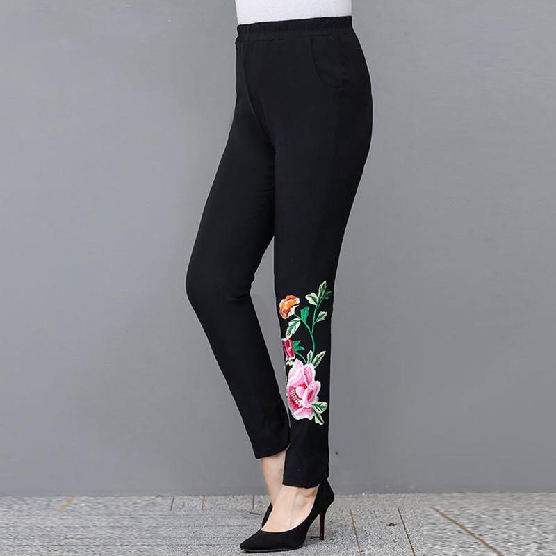 High-waist Leggings Women's Outer Wear Stretch Pants Plus Size Pants Ethnic Style Embroidery Slim-fitting Pants