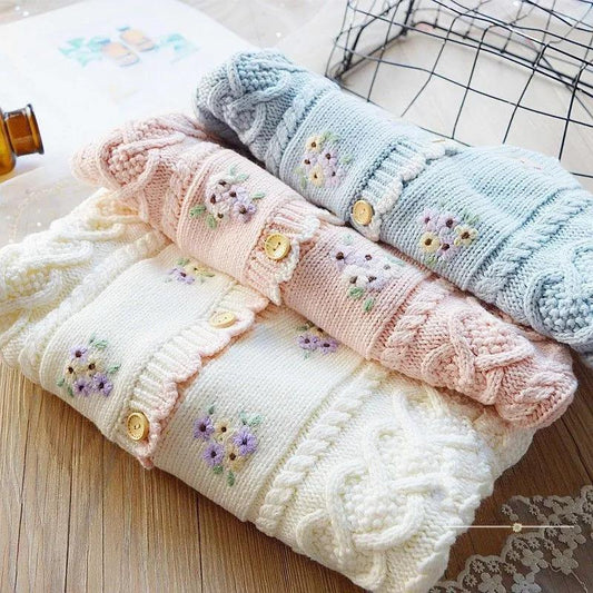 Girls' Embroidered Sweater Children's Korean Version Versatile Hook Flower Cardigan Sweater Coat