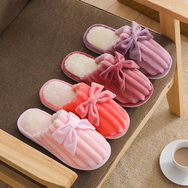 Autumn and Winter Pure Cotton Slippers with Bow Design, Fashionable Flat-bottomed Cotton Shoes, Indoor Casual Shoes