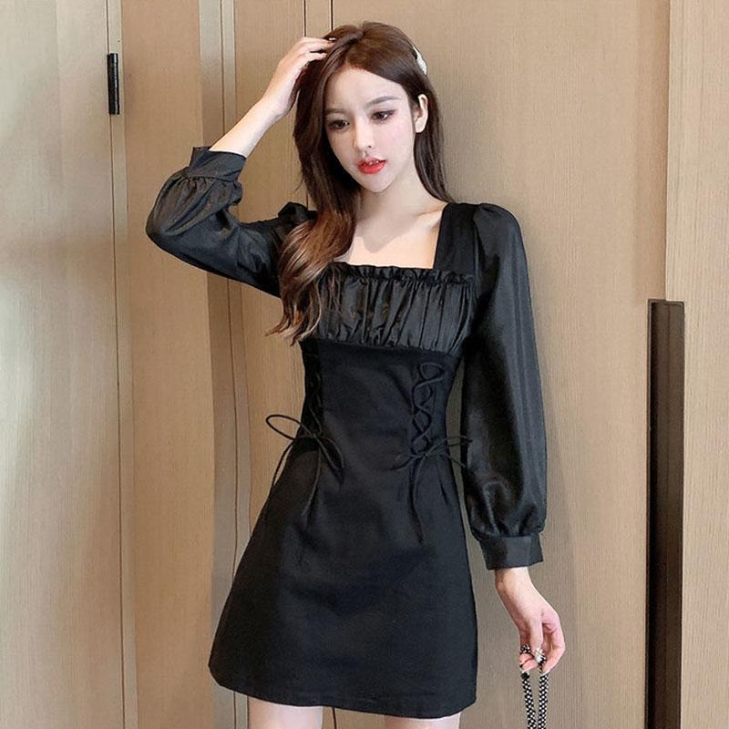 Autumn French Design Sense of Niche Temperament Skirt Is Thin Folds Square Collar White Waisted Celebrity Dress