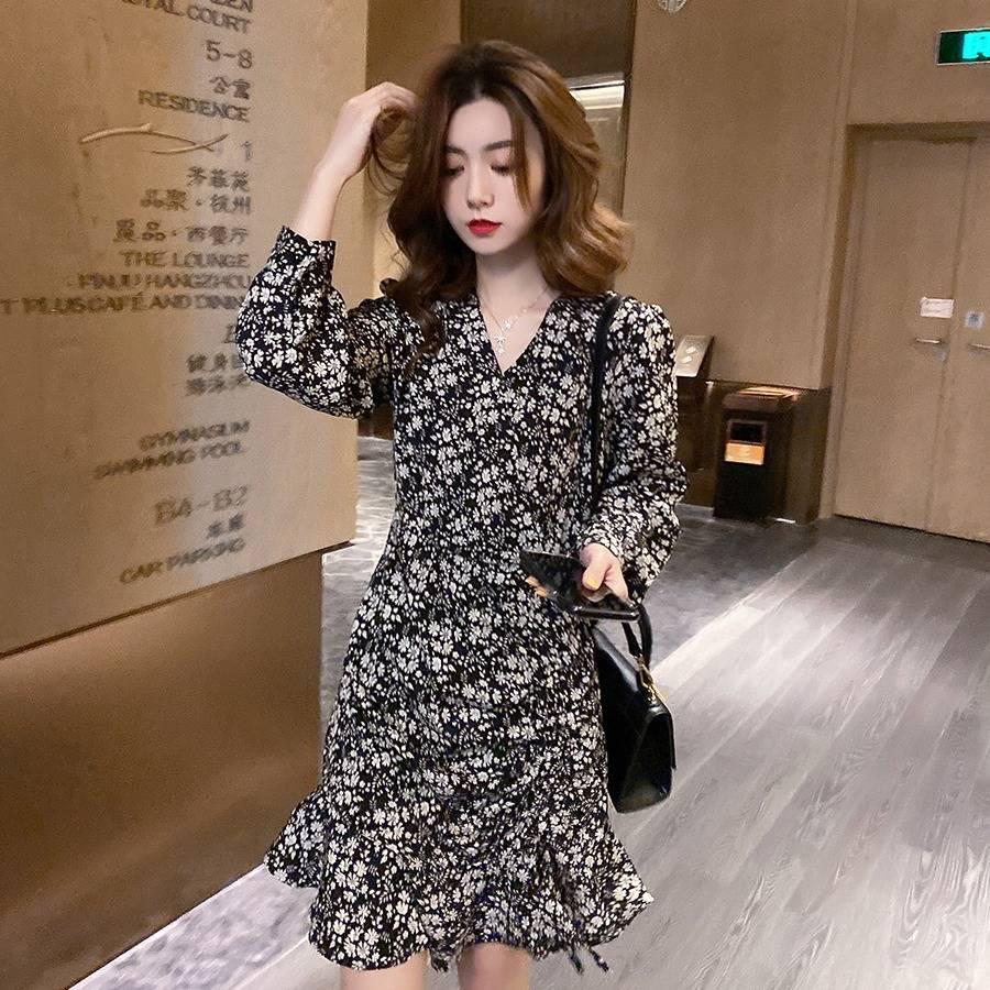 Ruffled Mini Vintage Print Irregular Dress Lantern Sleeve Elegant Chiffon Dress Slim Streetwear