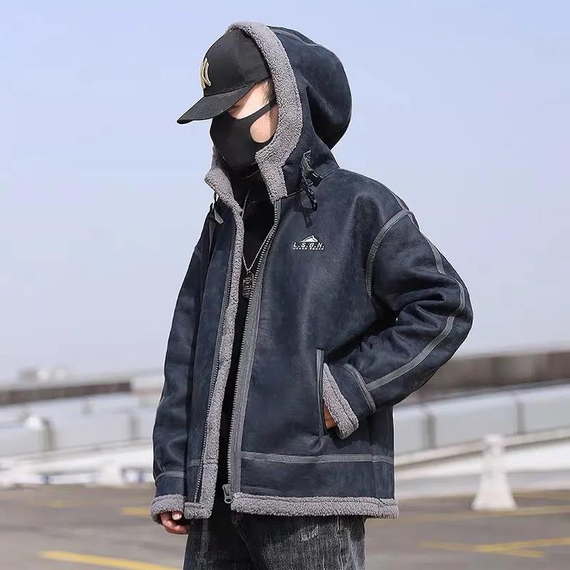 Lamb Plush Jacket Men's Winter High-quality Cotton Jacket Plus Velvet Thick Padded Jacket and Fur One Men's Cotton Jacket
