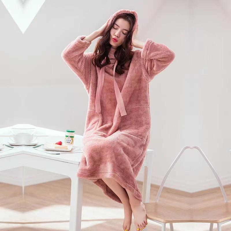 Spring Autumn Coral Fleece Pajamas Ladies Hooded Winter Cute Drawstring Loose Nightgown Bathrobe Women's Hoodies Home Outdoor Wear