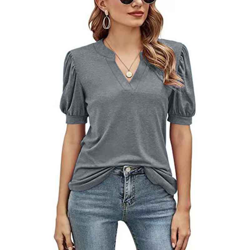 T-shirt Ladies Top Summer Casual V-neck Solid Color Puff Sleeve Loose T-shirt Shirt
