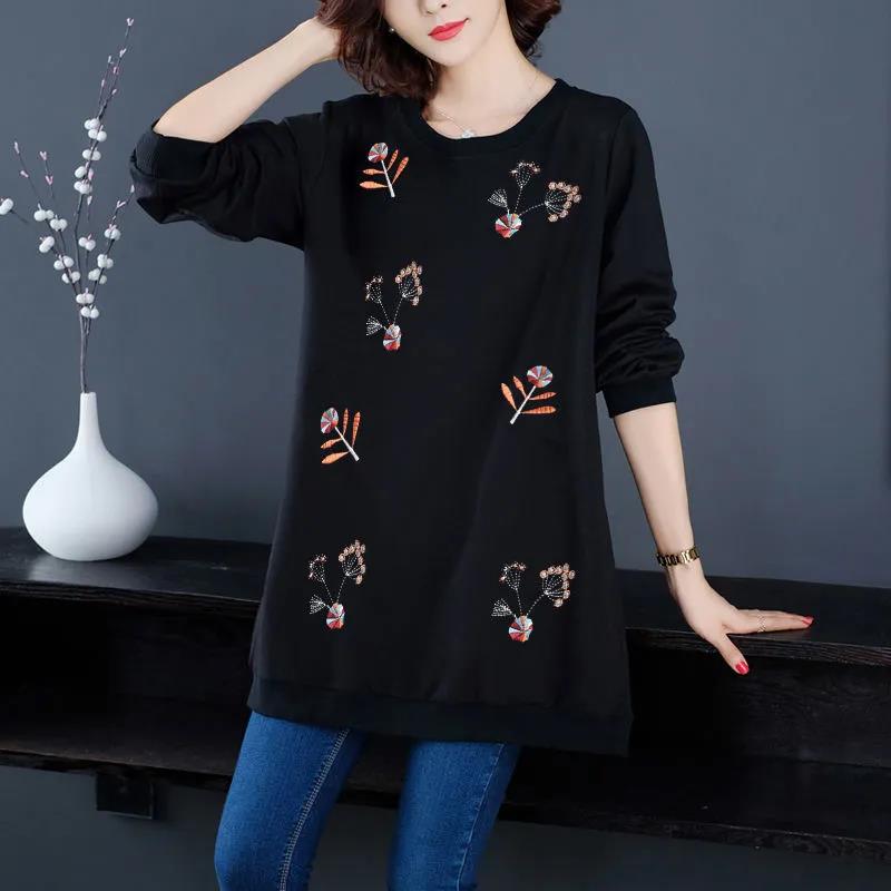 Women Loose T-shirt Long Sleeve Flower Embroidery Casual Round Neck T-shirt Ladies Pullover