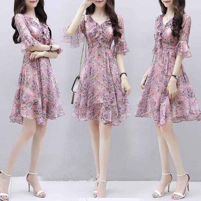 Pofulove S-3XL Women V-neck Chiffon Floral Dress Office Lady Short-sleeved Mid-length A-line Dress