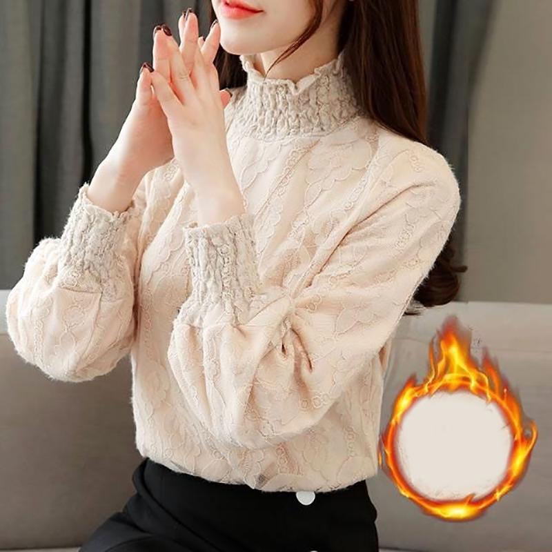 Genuine Fashion Trend Lace Bottoming Shirt Autumn and Winter Plus Velvet Thickening Warm High Neck Long Sleeve Women Sweater
