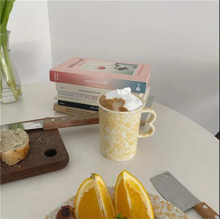 French Ins Retro Niche Yellow Powder Blue Splash Ink Mug Japanese and Korean Girls Ceramic Water Cup Coffee Cup Handle Cup