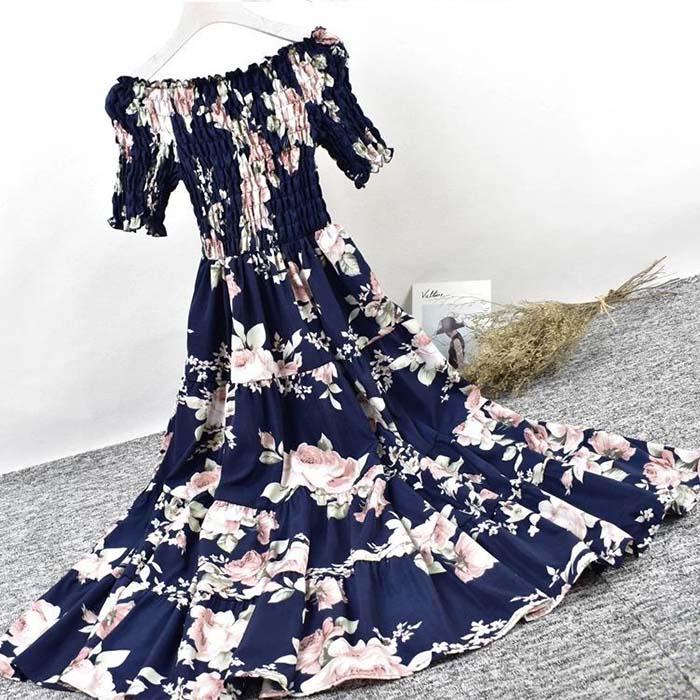 Women Off Shoulder Floral Camisole Dress Short-sleeved Long A-line Vacation Beach Dress