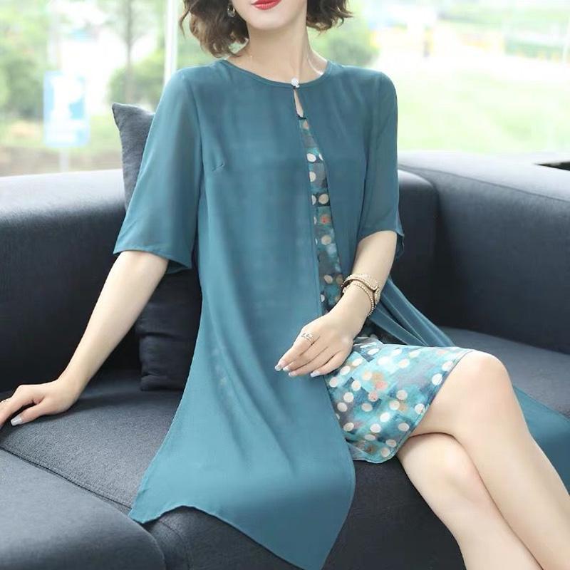 Ladies Dress Round Neck Large Size Loose Fake Two-piece Dress Chiffon Skirt Middle-aged Mother