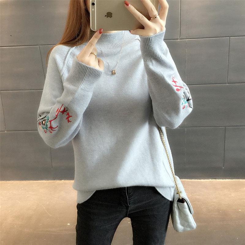 Casual Autumn Winter Turtleneck Sweater Women Embroidery Knitted Sweaters Warm Pullover Sweater