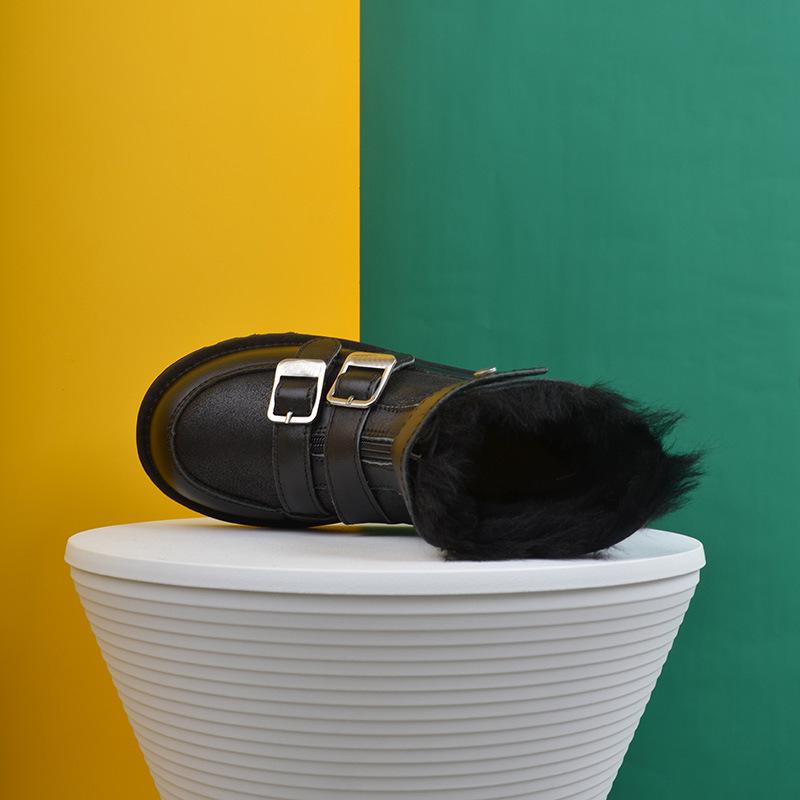 Women's Boots Winter Shoes Plush Fur Boots Black Brown Leather Ankle Booties Warm Platform Shoes Snow Boots Punk Flat Platform Shoes
