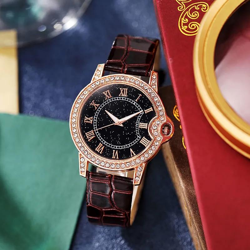 Women's Star Night Light Luxury Rhinestone Watches Korean Style Simple Round Disc Belt Niche Luminous Watches