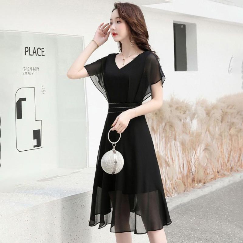 Dress Female Summer Loose Large Size Black Chiffon Dress Short-sleeved Waist V-neck Slim Casual All-match