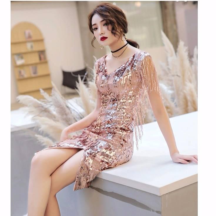 Sequined Evening Dress Female Gas Field Queen Fashion Short Slim Sexy Party Banquet Host Dress