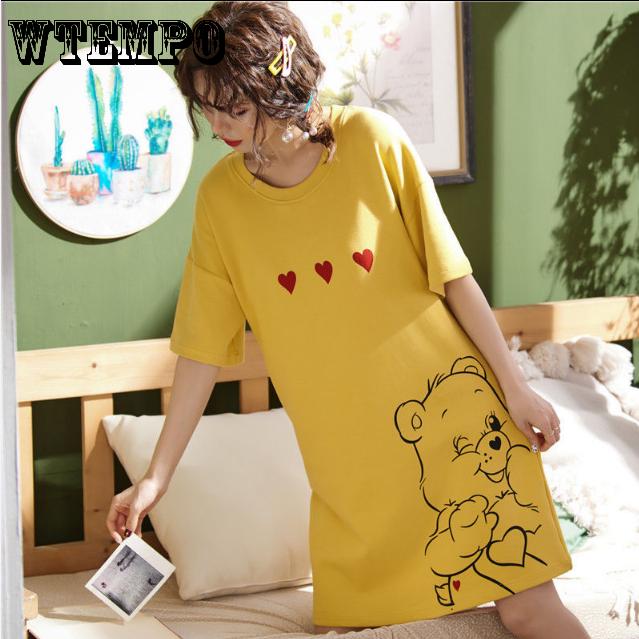 Nightgown Female Summer Cotton Short Sleeve Lovely Nightgown Middle Skirt Summer Cartoon Loose Dress