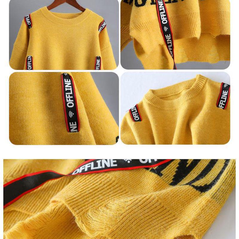 Personalized Round Neck Sweater Women Loose Letter Printing Irregular Split Hem Pullover Sweater Outer Wear