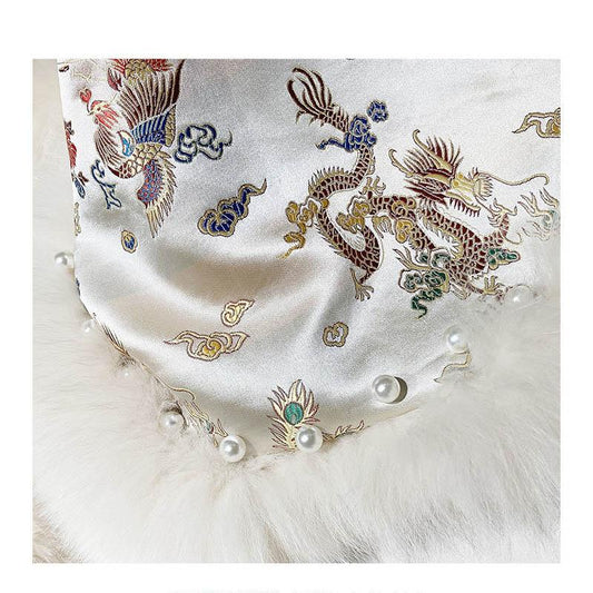 Fox Fur Coat Female Chinese Style Palace Satin Mid-length Beaded Tang Suit Cloak