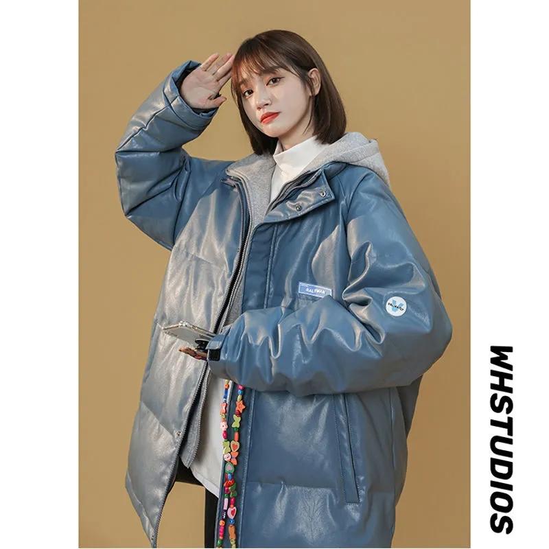 Winter Fake Two-piece Pu Leather Cotton Coat Loose Bread Coat Korean Version Cotton Coat Women's Cotton Jacket Warm Casual Coat Top Outdoor Jacket