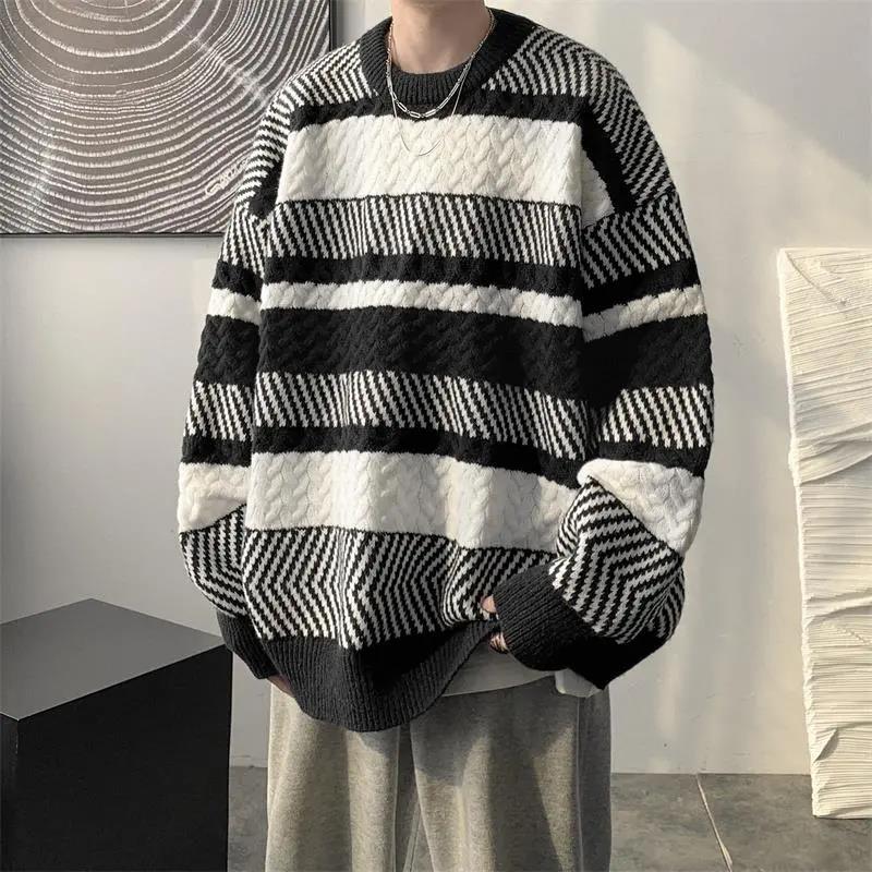 Striped Round Neck Sweater Men's Autumn and Winter Thick Sweater Loose Warm and Comfortable