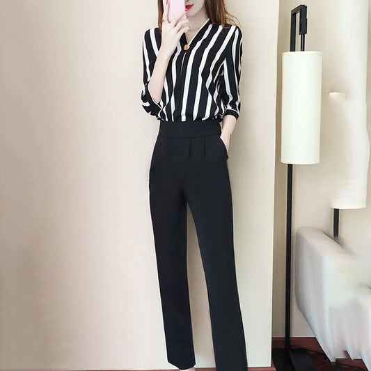 Temperament Suit Two-piece Suit V-neck Long-sleeved Striped Shirt Slimming Suit Pants Two-piece Suit Work Suit Ladies Two-piece Suit