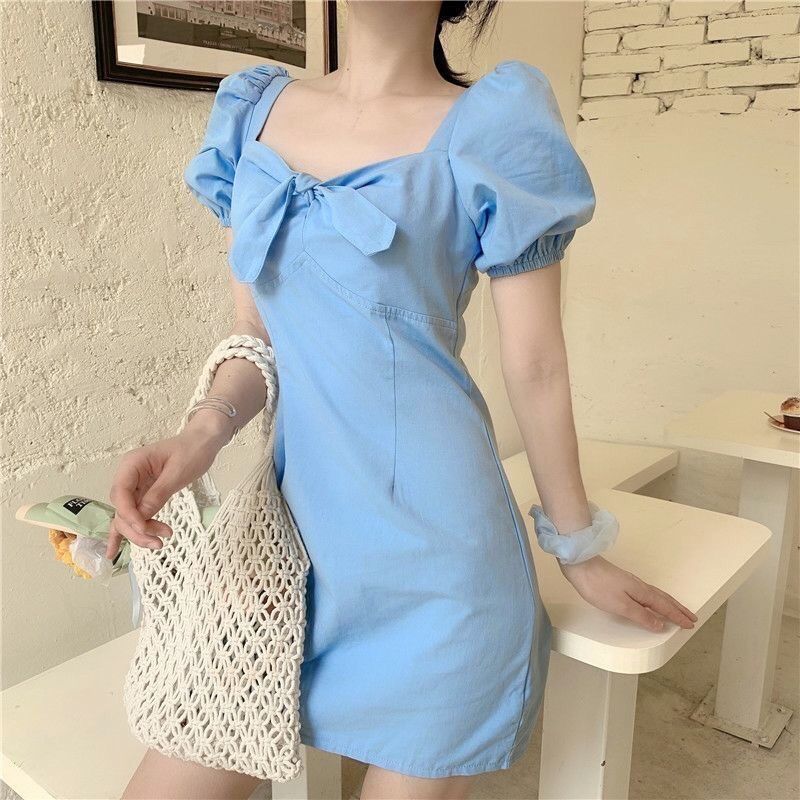 Ladies Short Dress French Palace Puff Sleeve Bow Sexy Square Neck Slim Slimming Dress Female Bag Hip Dress Retro Style