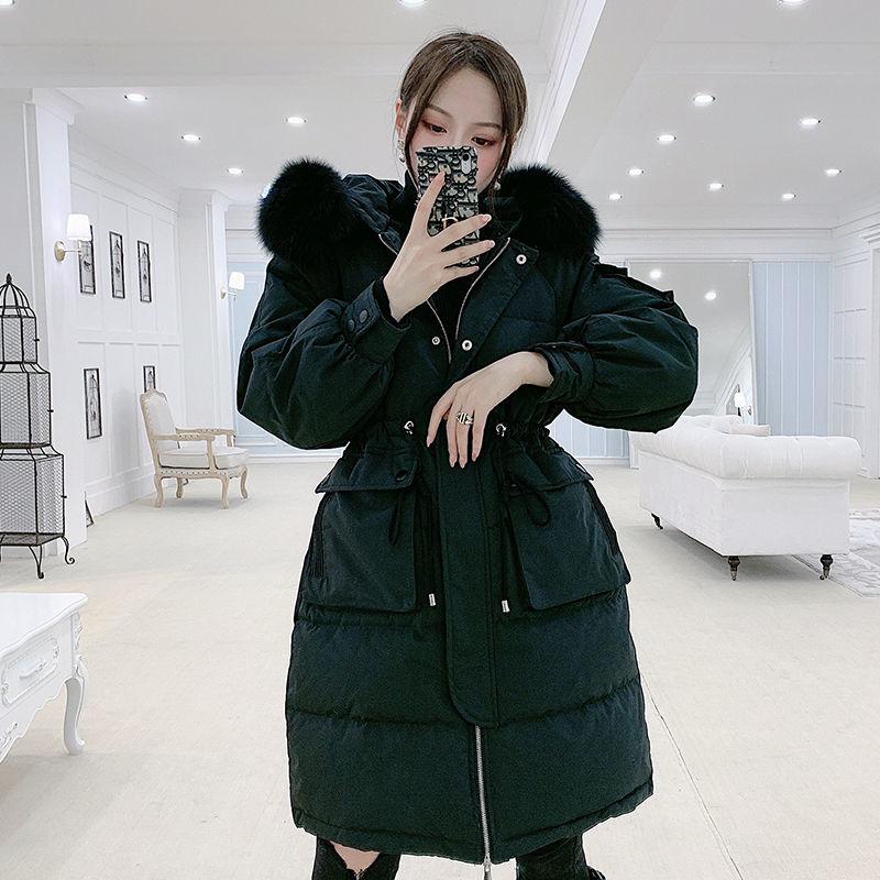 Trendy Fashion Waist Hooded Fur Collar Women's Down Jacket Autumn and Winter Plus Velvet Thickening Warm Loose Casual White Duck Down Down Jacket