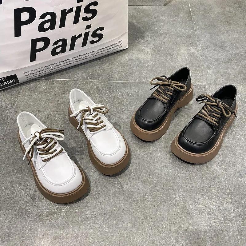 Ladies Small Leather Shoes British Style Spring College Style Jk Lace-up Thick-soled Shoes Girls Thick-bottomed Thick-heeled Loafers