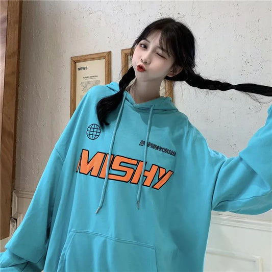 Women Spring and Autumn Vintage Large Size Solid Color Hoodies Female Loose Long Sleeve Print Streetwear Coat