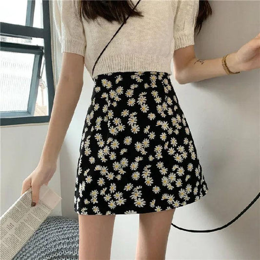 Wrinkled Chrysanthemum Chiffon Skirt Summer Women's Flower Printed Short Skirt A-line High Waist Retro Bag Hip Skirt Thin All Match Casual Mini Skirt