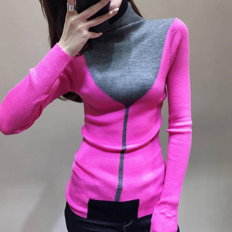 Pofulove Winter Women Knitted Turtleneck Sweater Jumper Slim contrast color Pullovers long sleeves