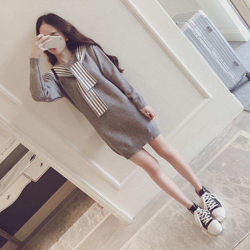 Knitted Dress Women Spring and Autumn Women's Fit Inside A Sweater Dress Mid-length Temperament Skirt