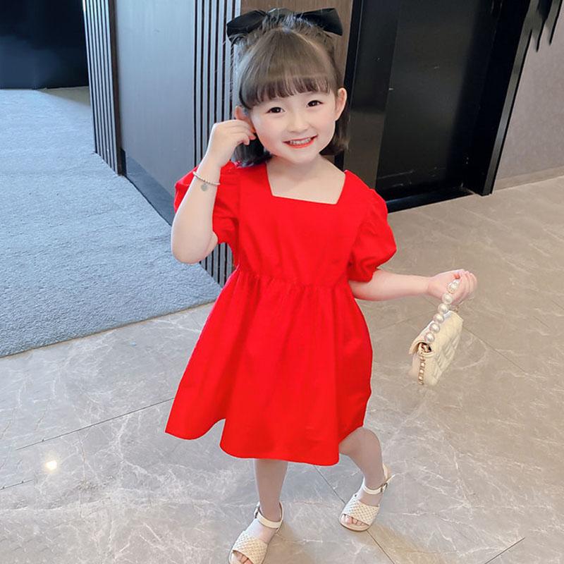 Girls Princess Dress Summer Thin Children's Bow Puff Sleeves Sweet Waist Dress Cute Two-Wear A-line Skirt