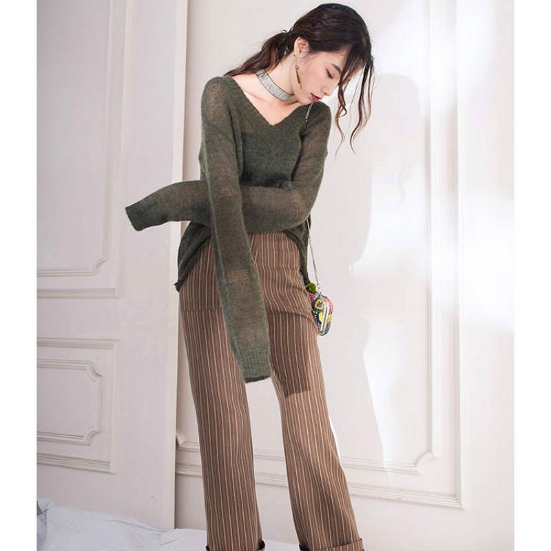 Pofulove Mohair Sweater Hedging Thin Perspective Sexy Lady Hollow Long-sleeve Bottoming Knitwear