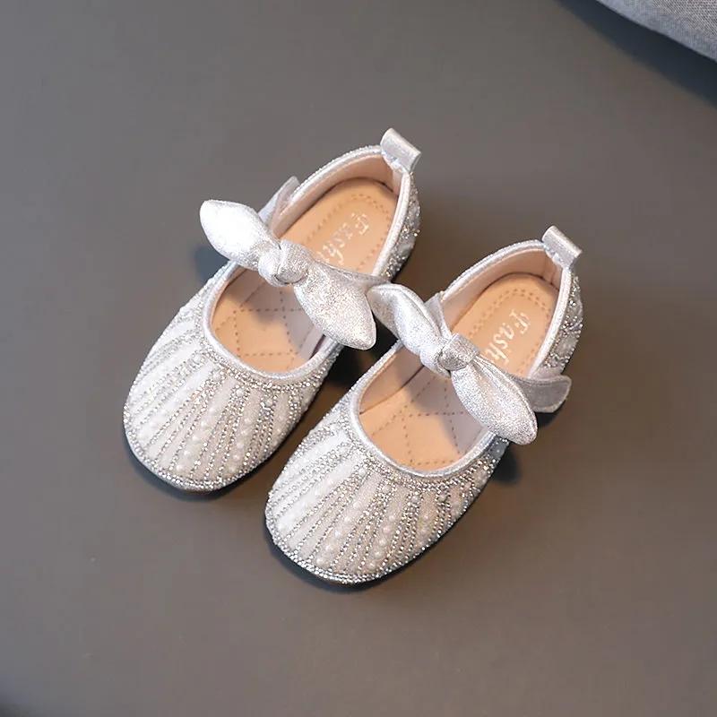 Spring and Summer Girls Princess Shoes Soft Soles Rhinestones Bow Shoes Children Little Girls Baby Dance Glass Shoes
