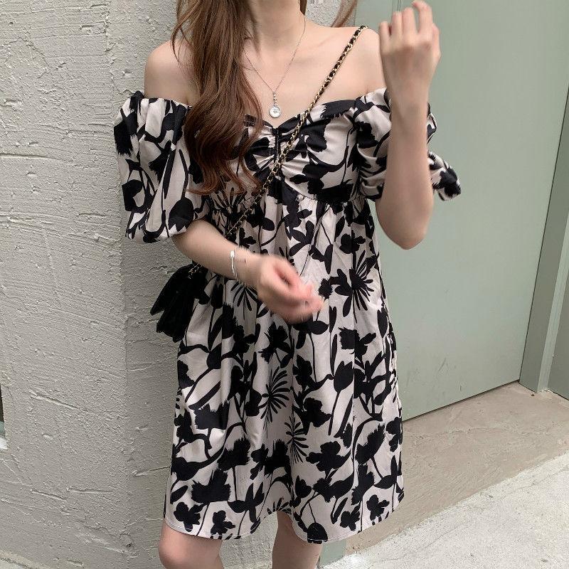 Women's Summer Elegant Open Back One Line Shoulder Show Thin Bubble Sleeve Floral Dress