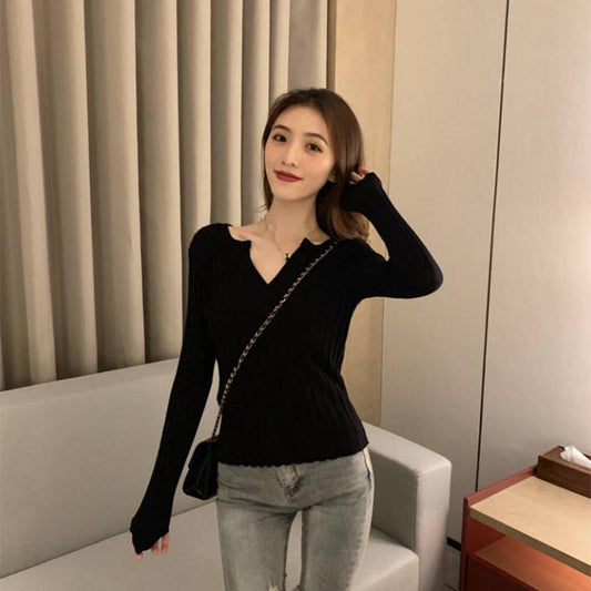 Pofulove solid color long-sleeved shirt V-neck slim-fit slim sweater Women's warm sweaters