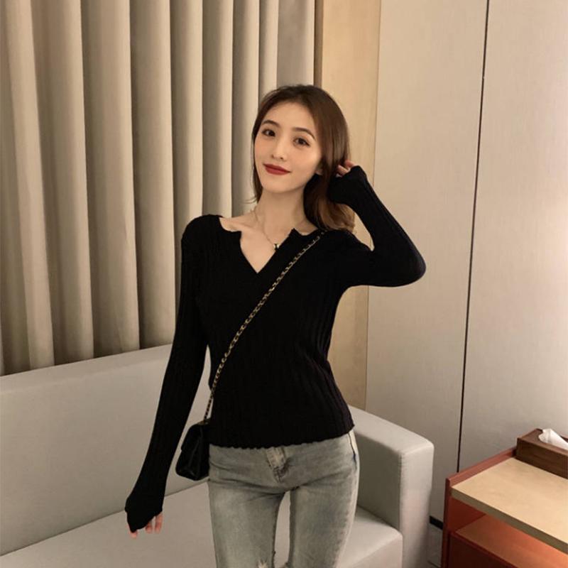 Pofulove Autumn and Winter Solid Color Long-sleeved Shirt V-neck Slim-fit Slim Sweater Women