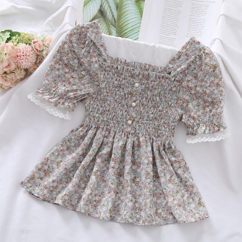 Sweet Square Neck Lace Fungus Edge Floral Chiffon Short Shirt  Women