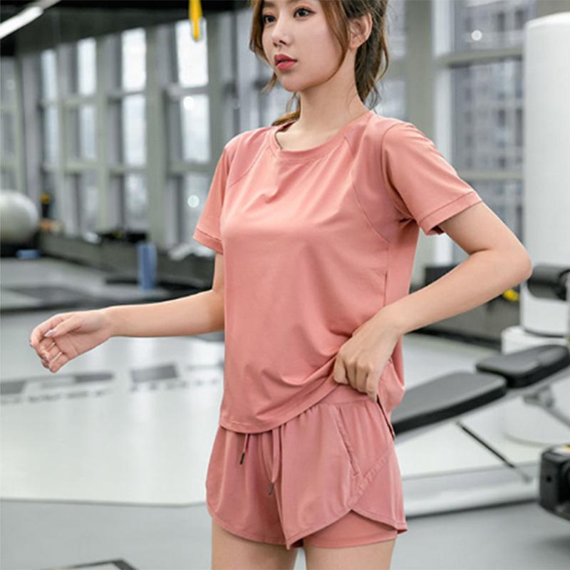 Yoga Clothing Solid Color Suit Quick-drying Short-sleeved Running Training Yoga Fitness Clothes Top Sports Suit Women