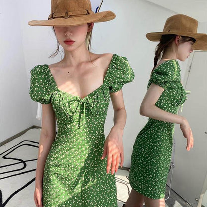 Small Sexy French Floral Dress Sweet Green Waist Skirt