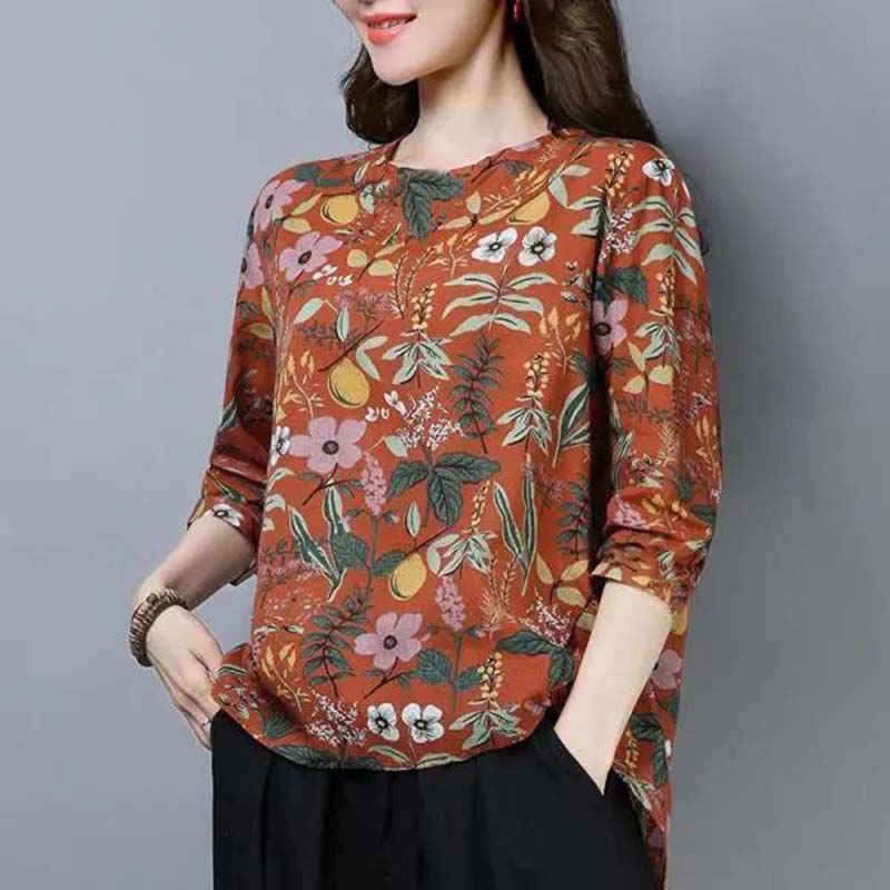 Spring and Autumn Round Neck Long-sleeved T-shirt Women's Floral Loose Top Mother's Clothing